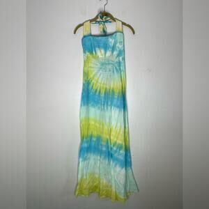 DEBBIE KATZ South Beach Teal Yellow White Tie Dye Halter Maxi Dress Size Large